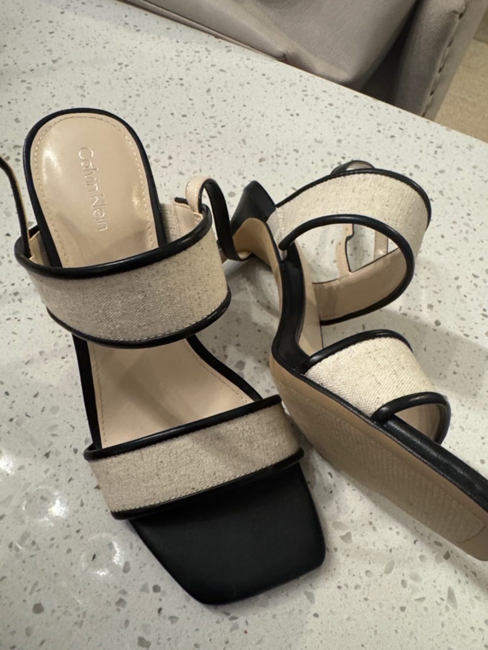 Calvin Klein Beige Canvas and Black Trim Block Heel Sandals